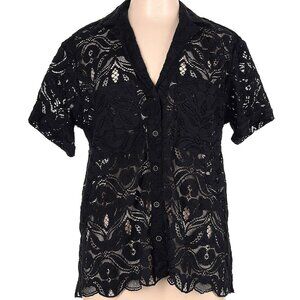 Maeve by Anthropologie Short Sleeve Button-Down lace shirt - black - Size Large